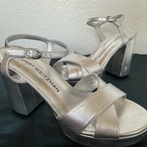 Stuart Weitzman, MSRP: $495, Size 7, EUR 37.5, Dayna Platform Sandals Metallic